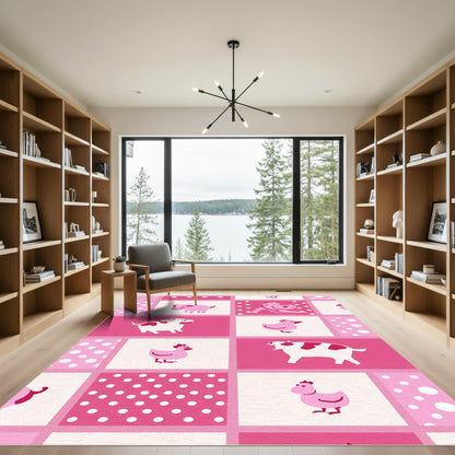 Pink Farm Animals Polka Dot Squares Rug