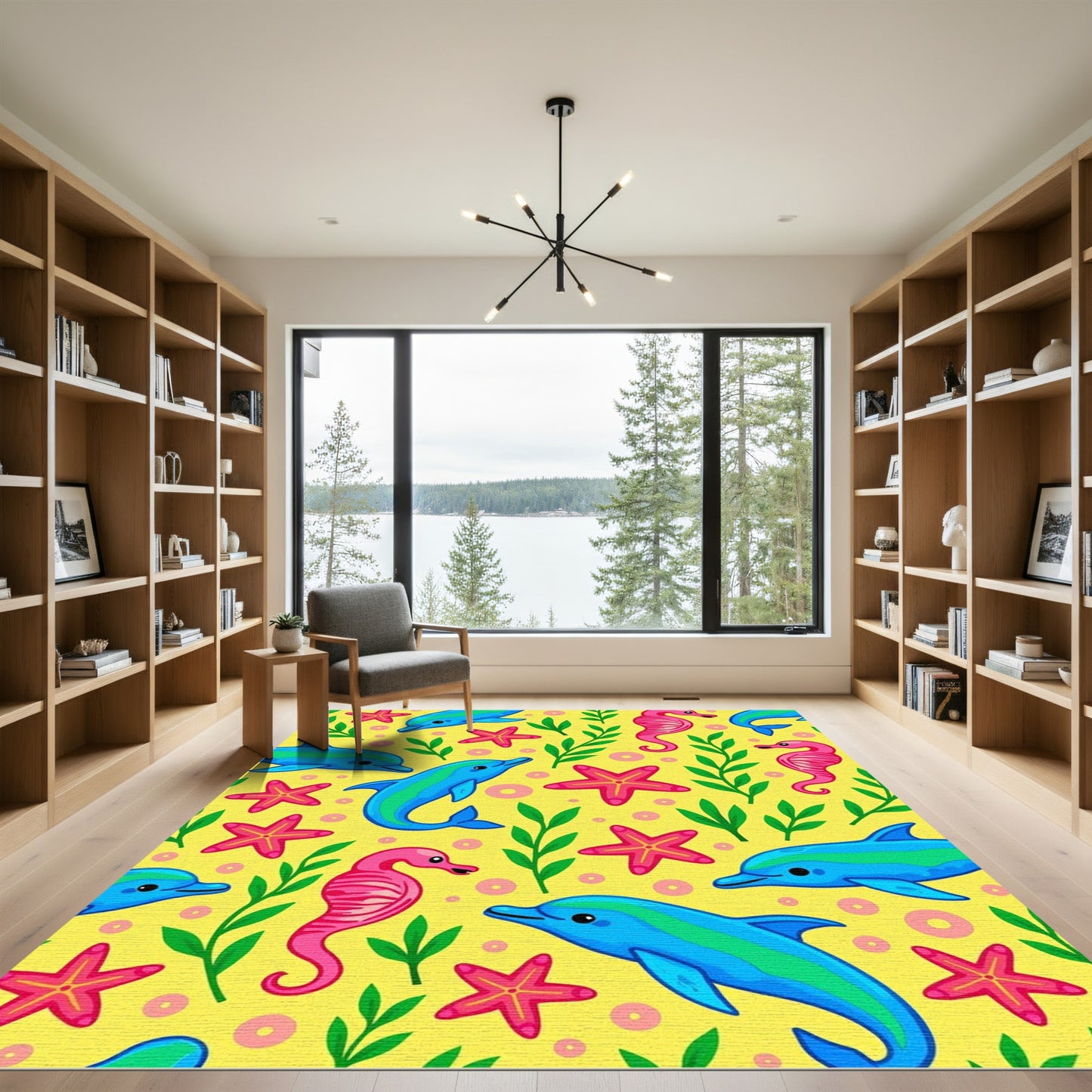 Joyful Blue Dolphins Pink Seahorses Yellow Rug