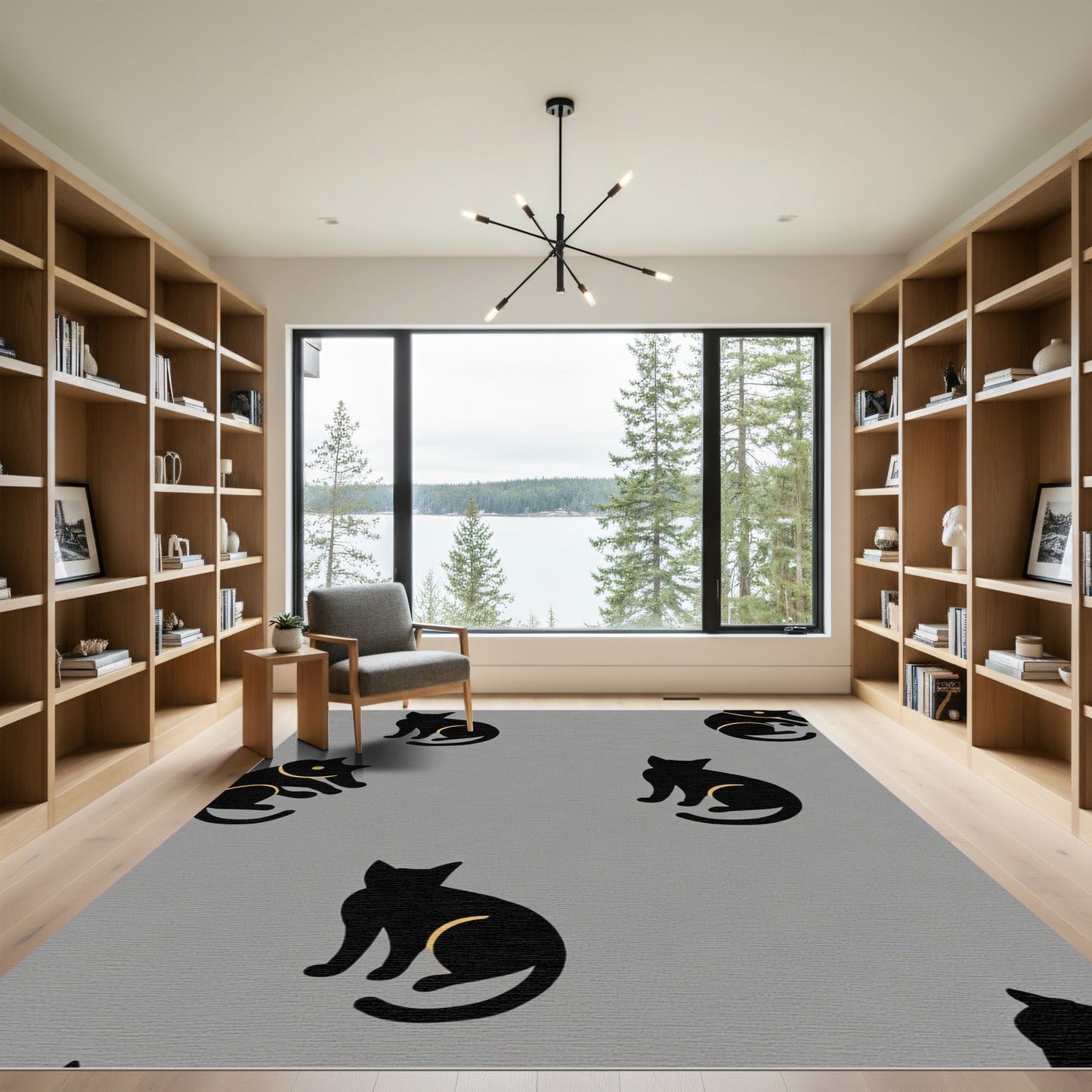 Black Cat Silhouette Golden Accents Rug