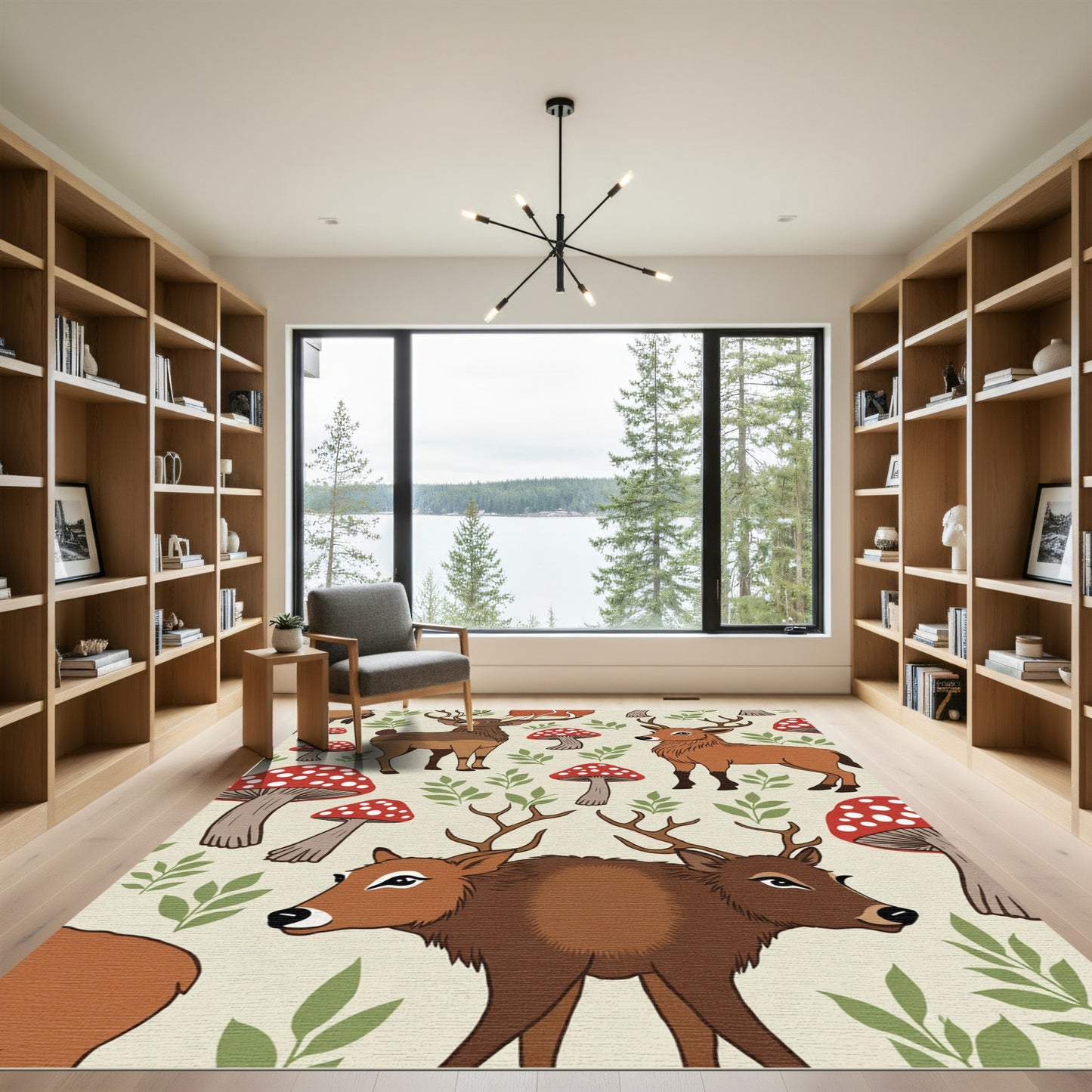 Whimsical Deer Mushroom Forest Scene Rug