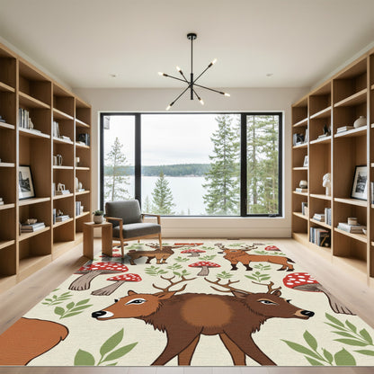 Whimsical Deer Mushroom Forest Scene Rug