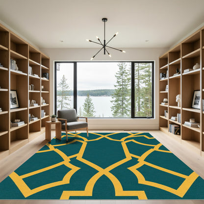 Teal and Gold Geometric Arabesque Rug