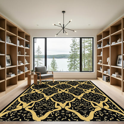 Gold Arabesque Black Lattice Rug
