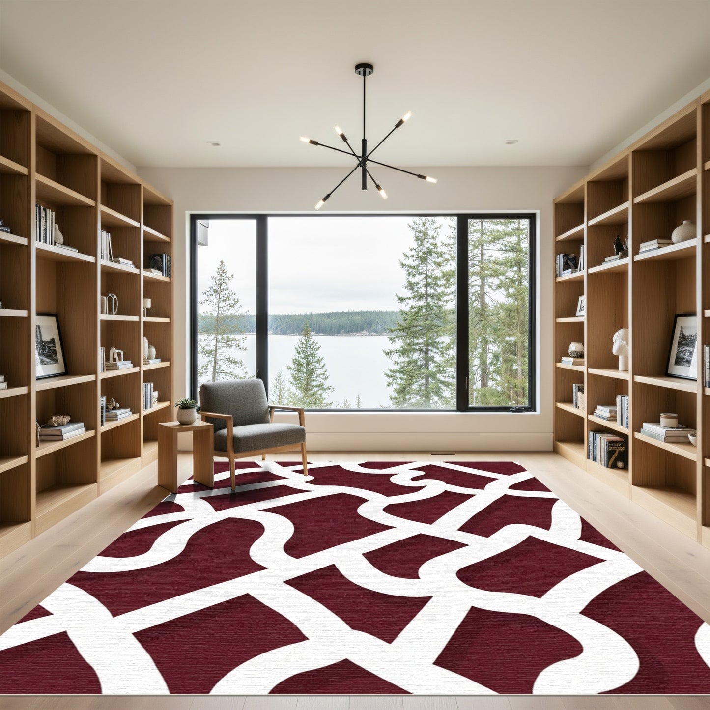 Crimson White Interlocking Curving Lines Rug