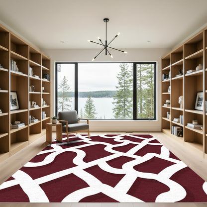 Crimson White Interlocking Curving Lines Rug