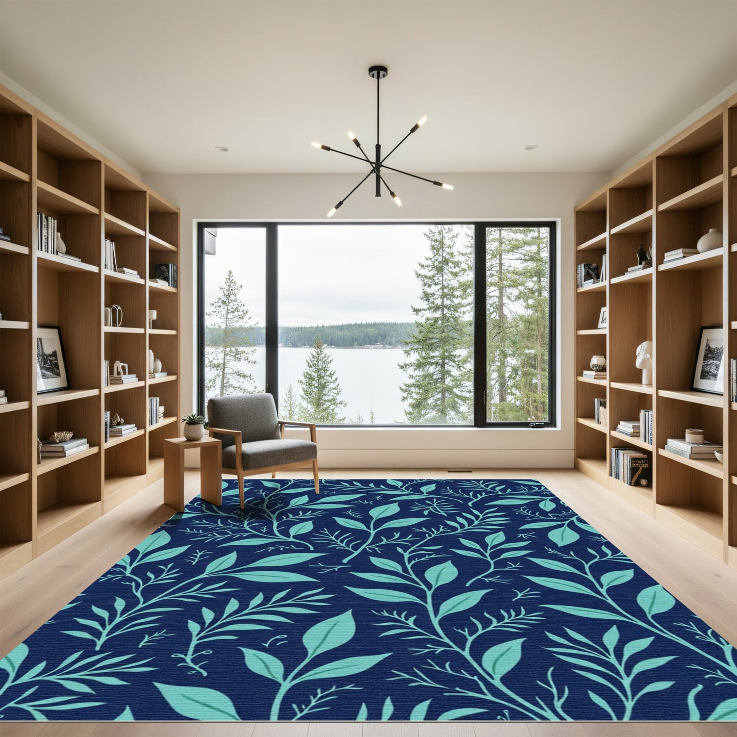 Navy Teal Delicate Botanical Branches Rug