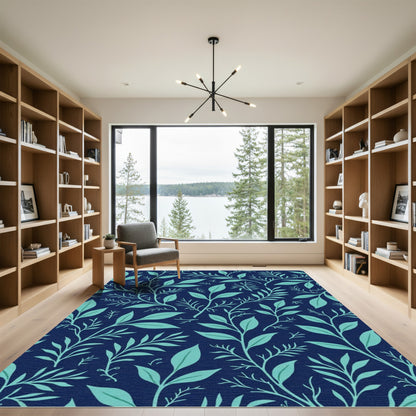 Navy Teal Delicate Botanical Branches Rug