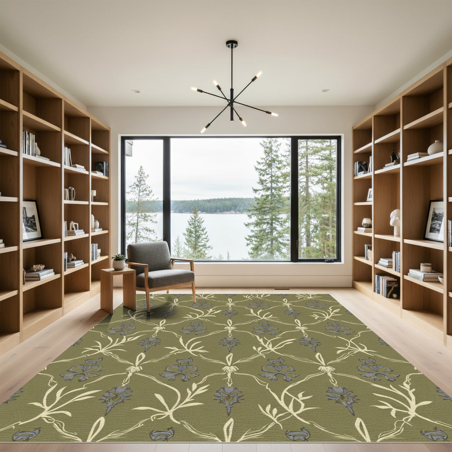 Olive Gray Floral Vine Lattice Rug