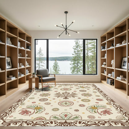 Earthy Floral Medallion Scroll Border Rug