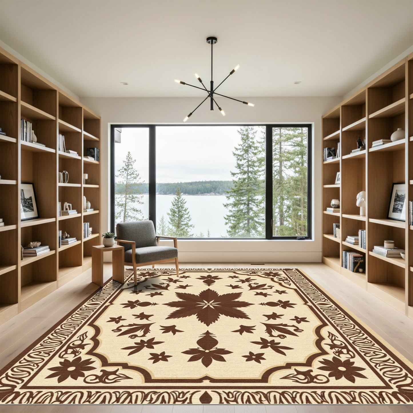 Dark Brown Floral Medallion Cream Rug