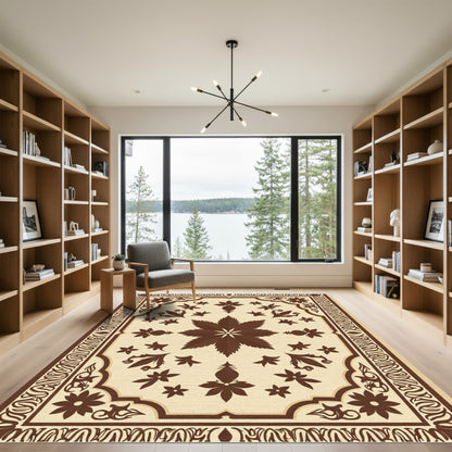 Dark Brown Floral Medallion Cream Rug