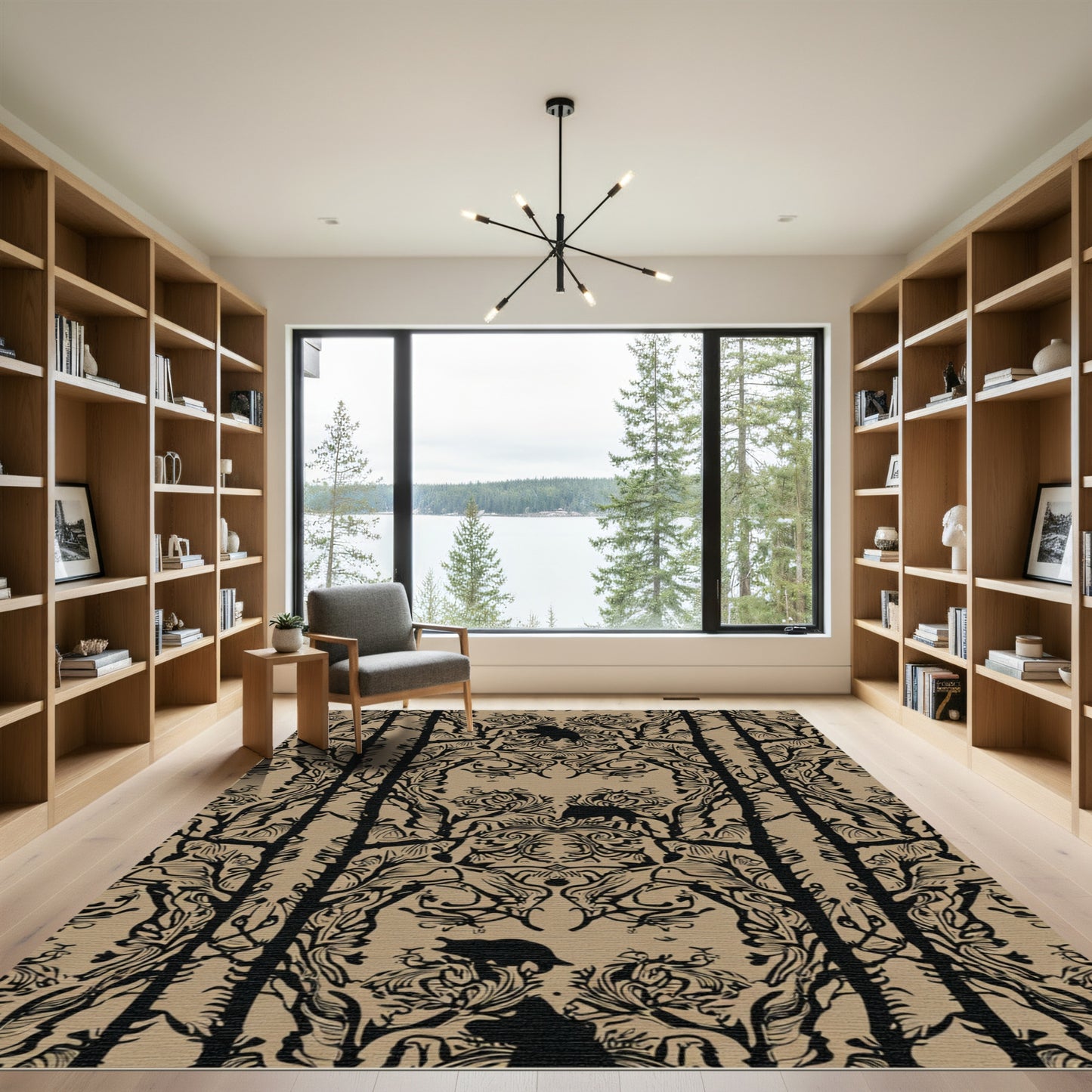 Striking Black Wildlife Forest Tapestry Rug