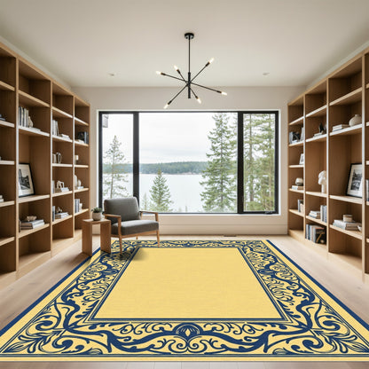Classic Navy Floral Inset Frame Rug