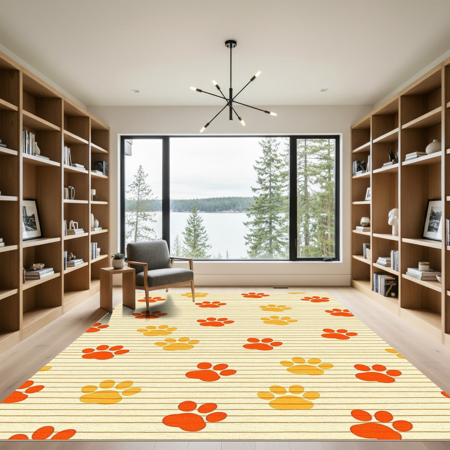 Orange Yellow Paw Prints on Stripes Rug