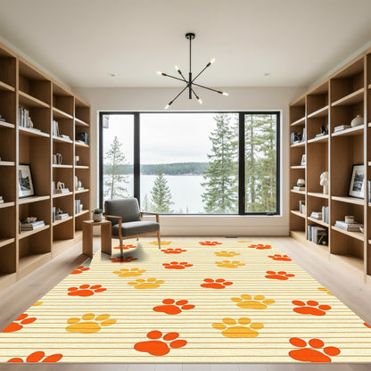 Orange Yellow Paw Prints on Stripes Rug