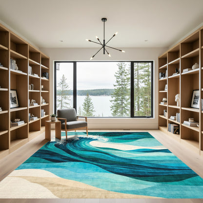 Abstract Teal Green Waves Rug
