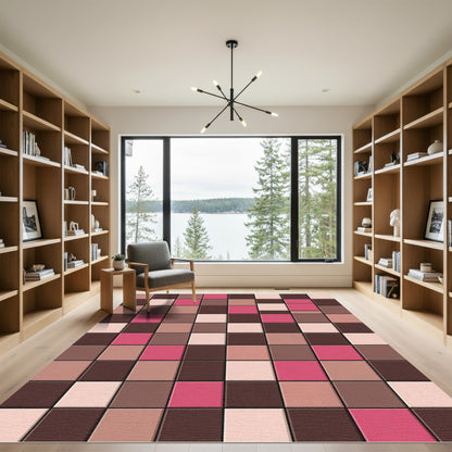 Chic Pink Brown Square Checker Rug