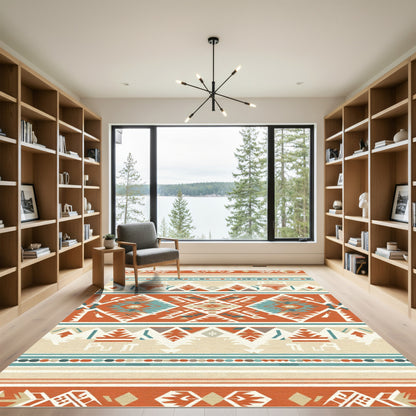 Terracotta Blue Geometric Diamond Stripe Rug
