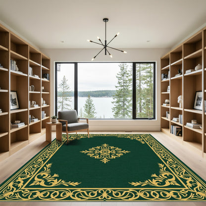 Elegant Forest Green Golden Flourish Rug