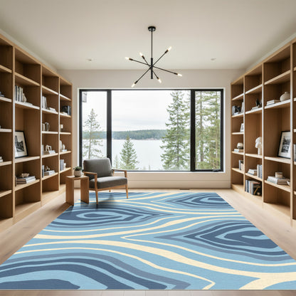 Blue Cream Abstract Organic Wave Rug