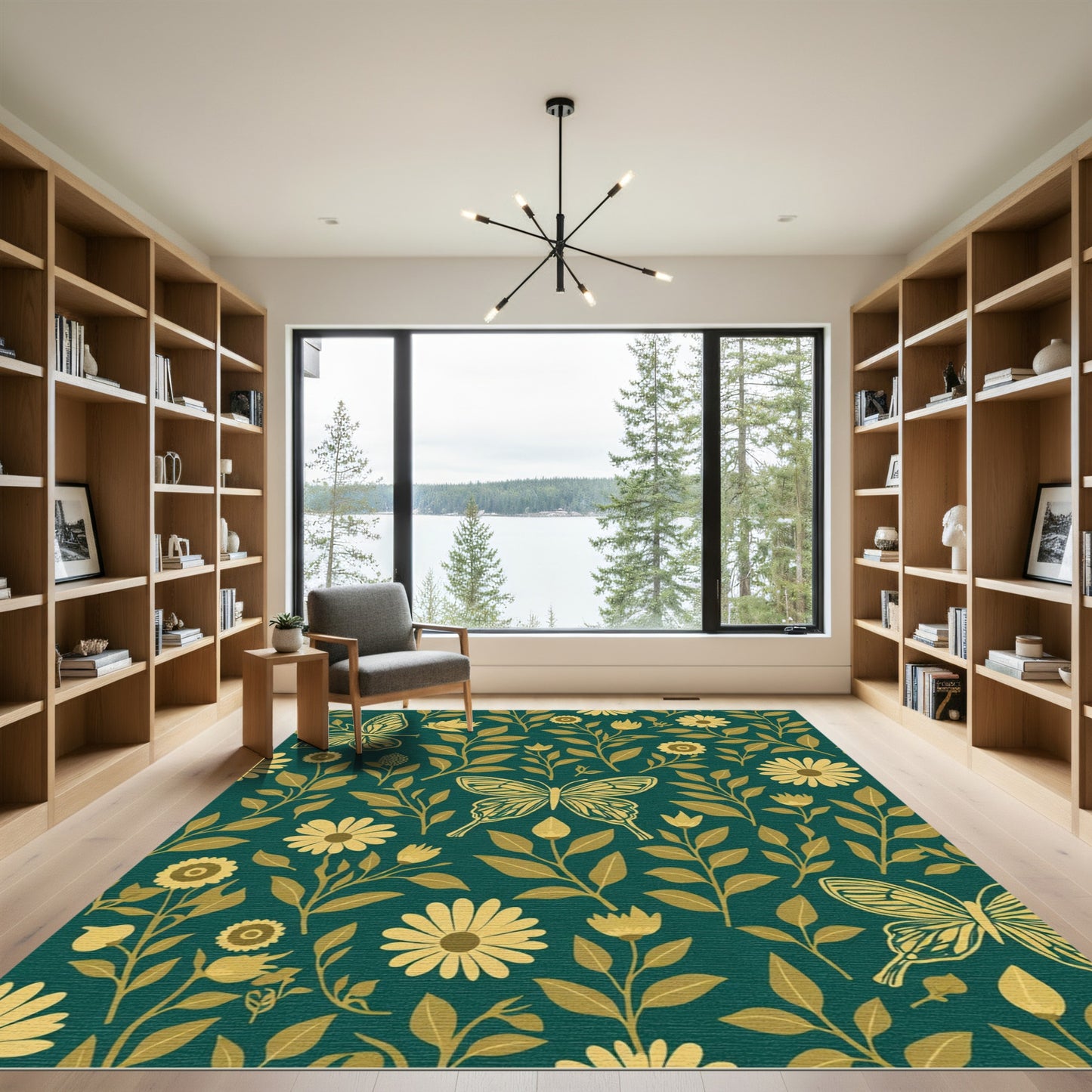 Golden Butterflies Teal Floral Garden Rug