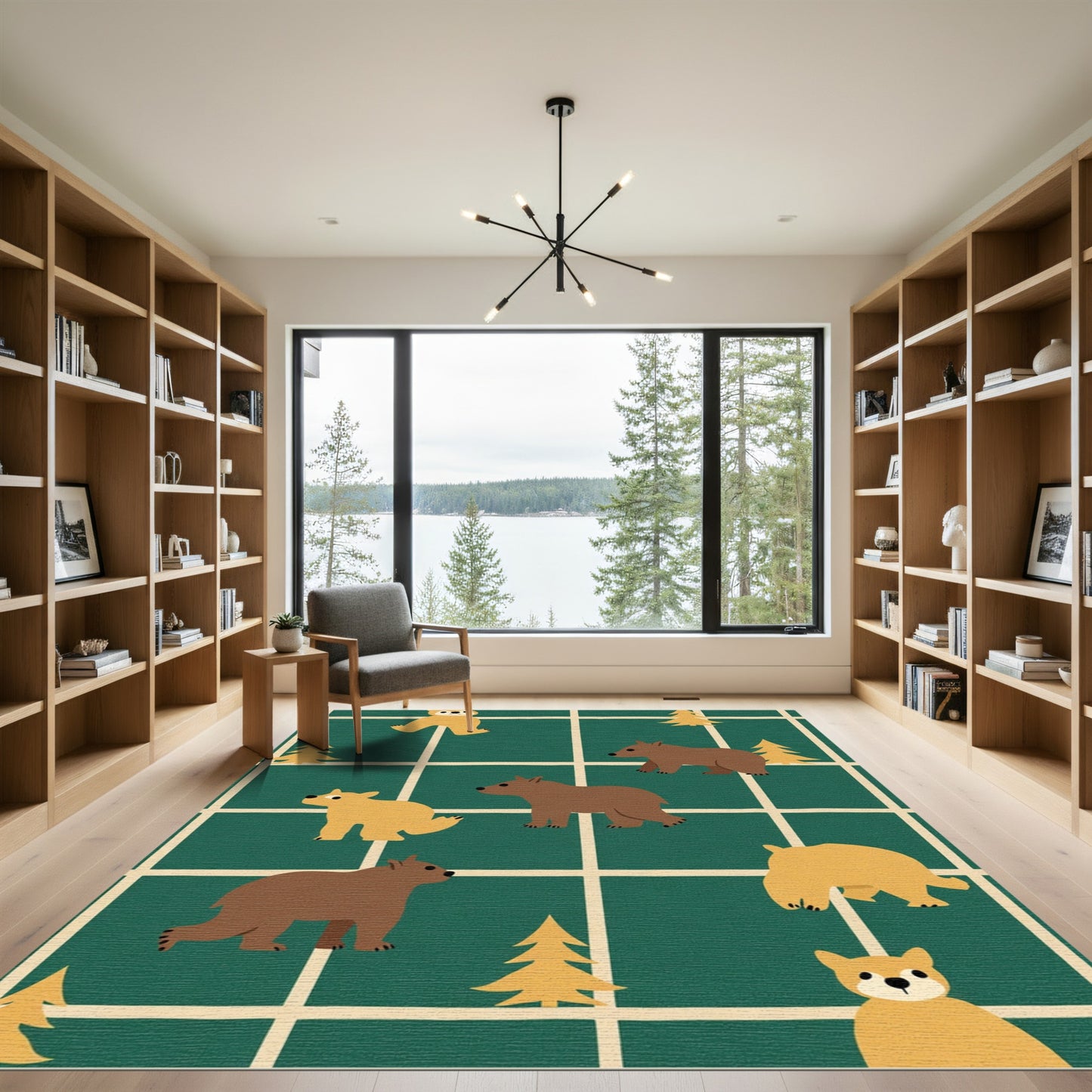Forest Bears Square Grid Terra Cotta Rug