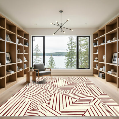 Deep Red Labyrinth Geometric Overlay Rug