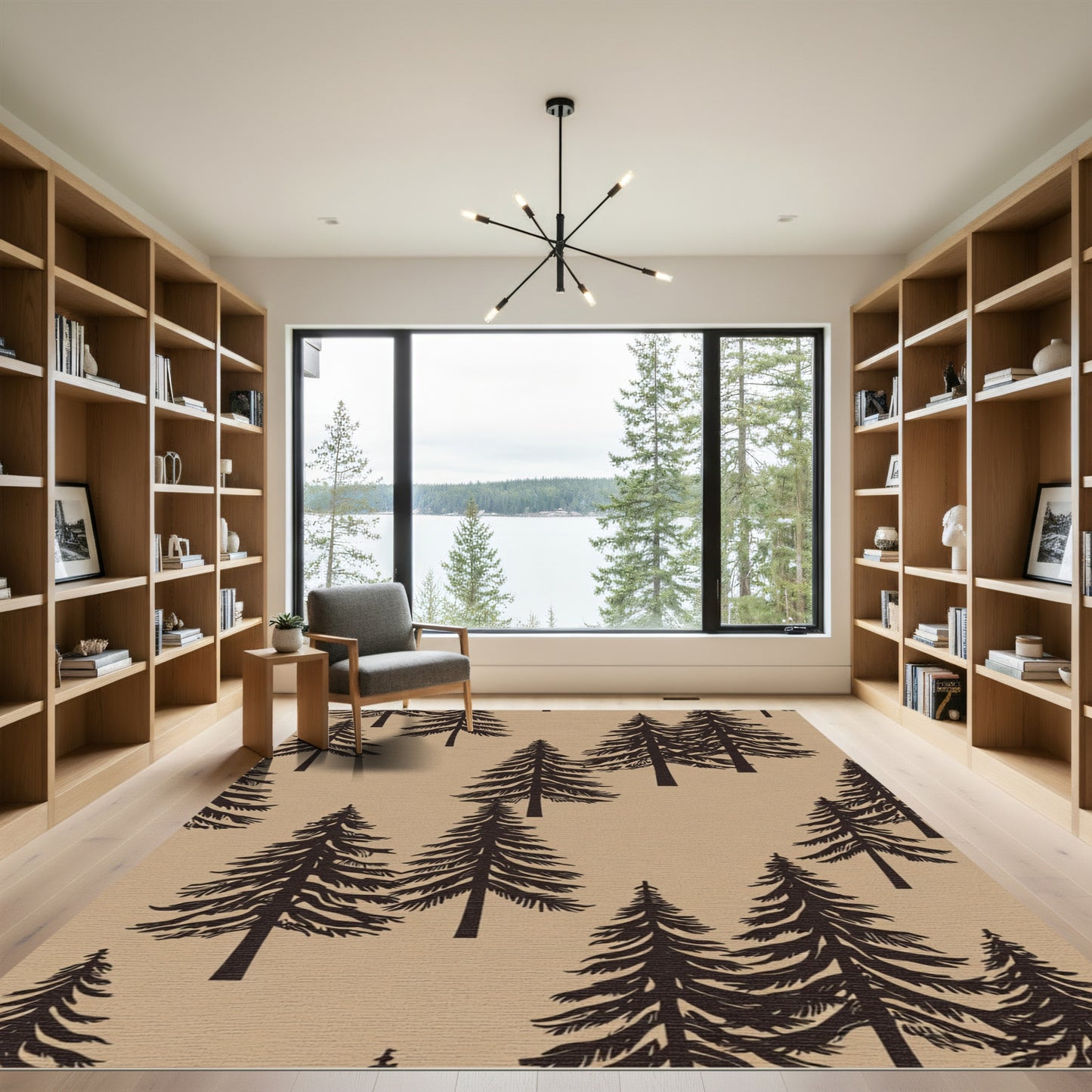Dark Pine Trees Tan Background Rug