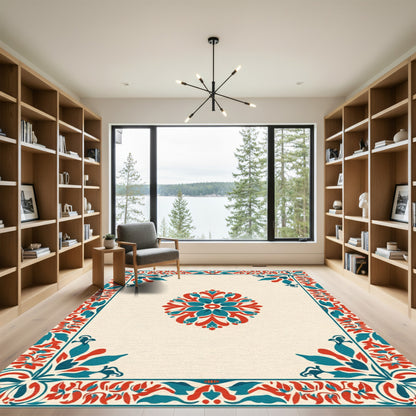 Crimson Teal Traditional Floral Border Rug