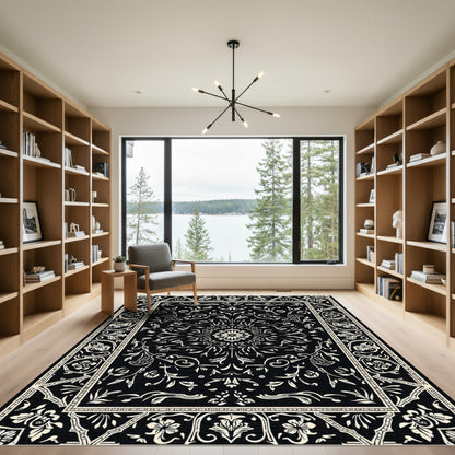 Black Floral Medallion Ornamental Rug