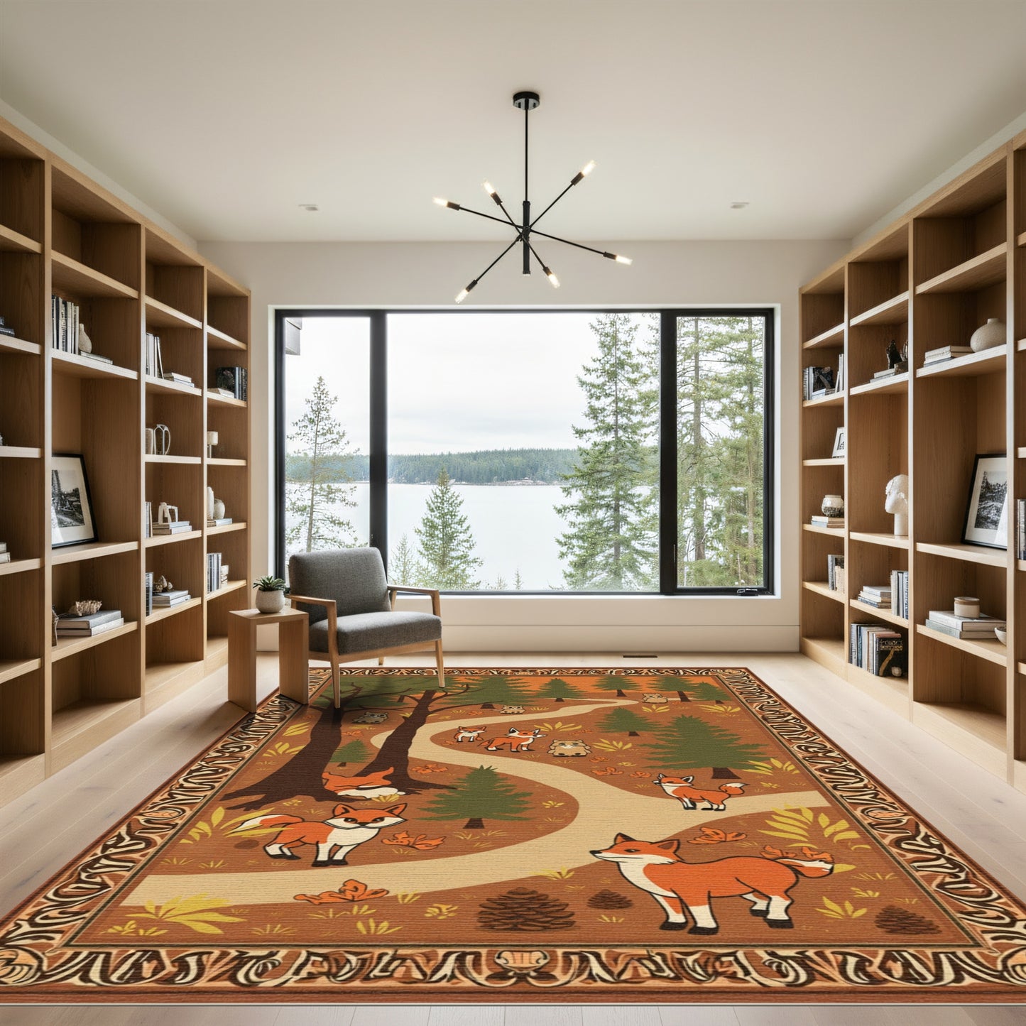 Woodland Creatures Fox Forest Scene Rug