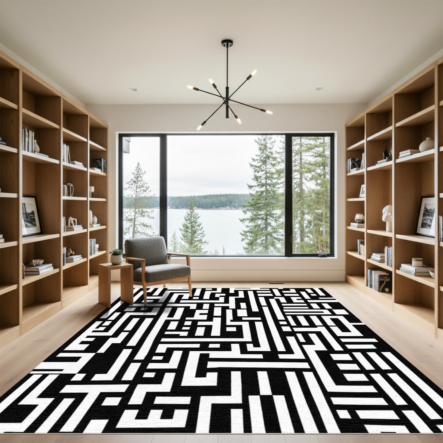 Bold Black White Maze Structure Rug