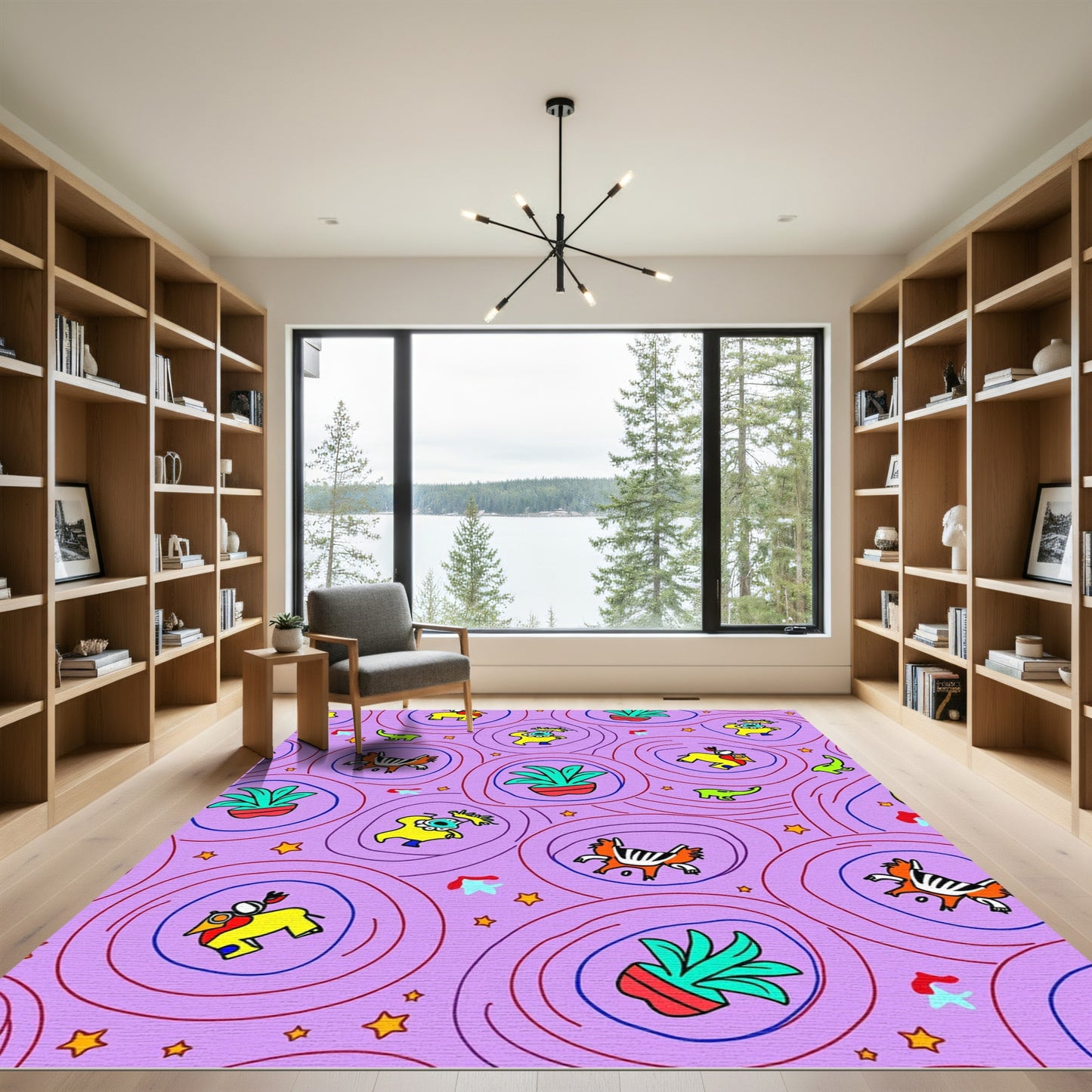 Whimsical Violet Cartoon Creatures Plants Rug