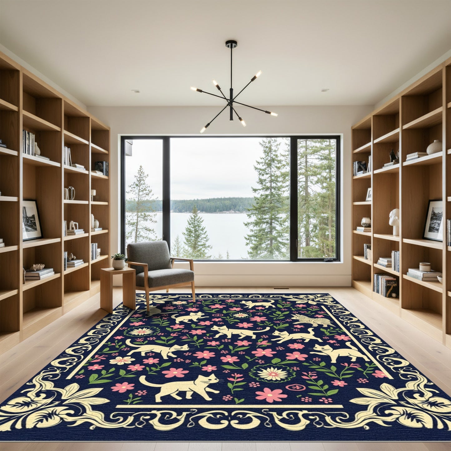 Whimsical Cats Floral Garden Navy Rug