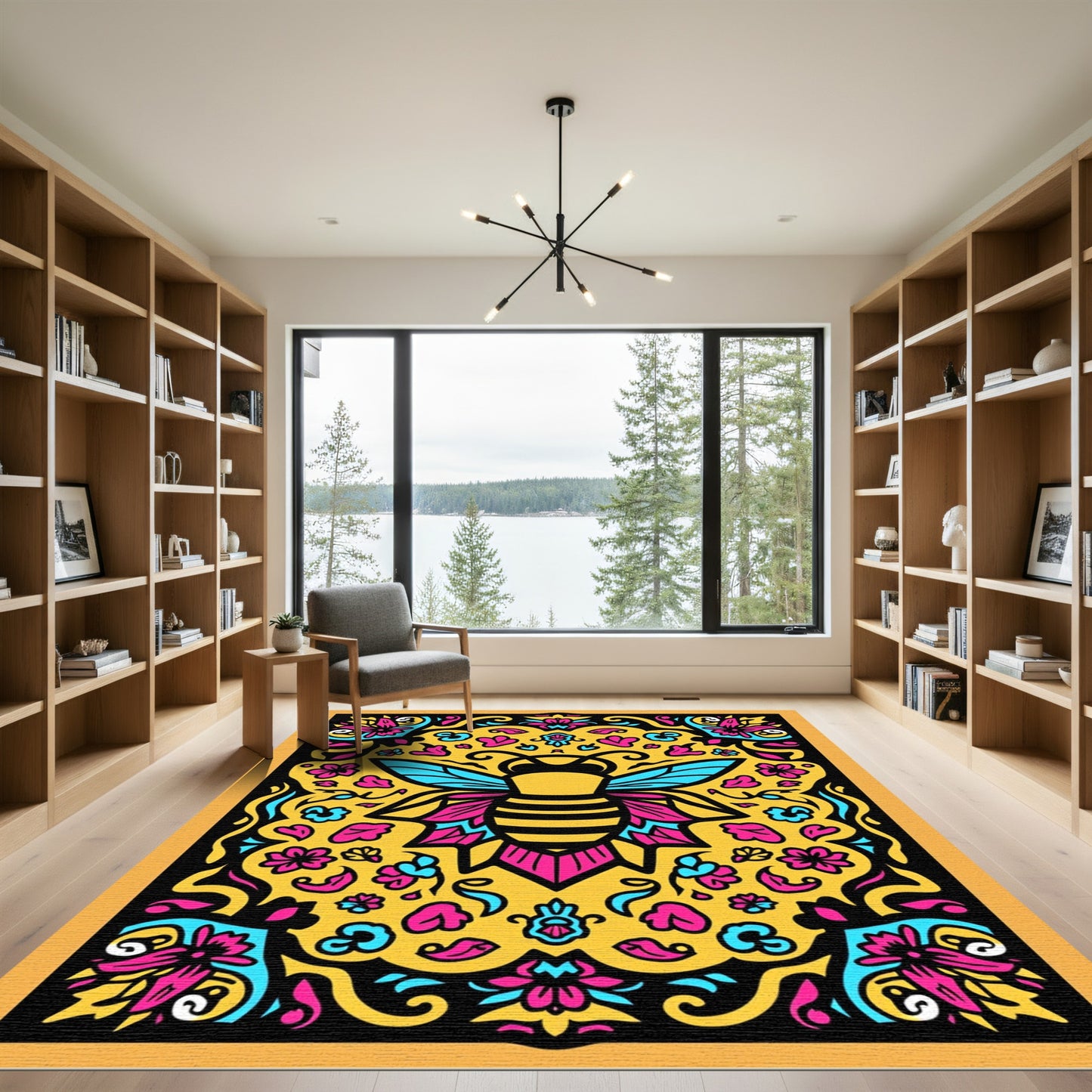 Vibrant Yellow Bee Floral Art Rug
