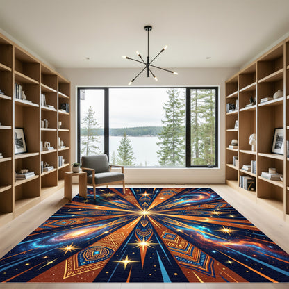 Cosmic Starburst Orange Blue Mandala Rug