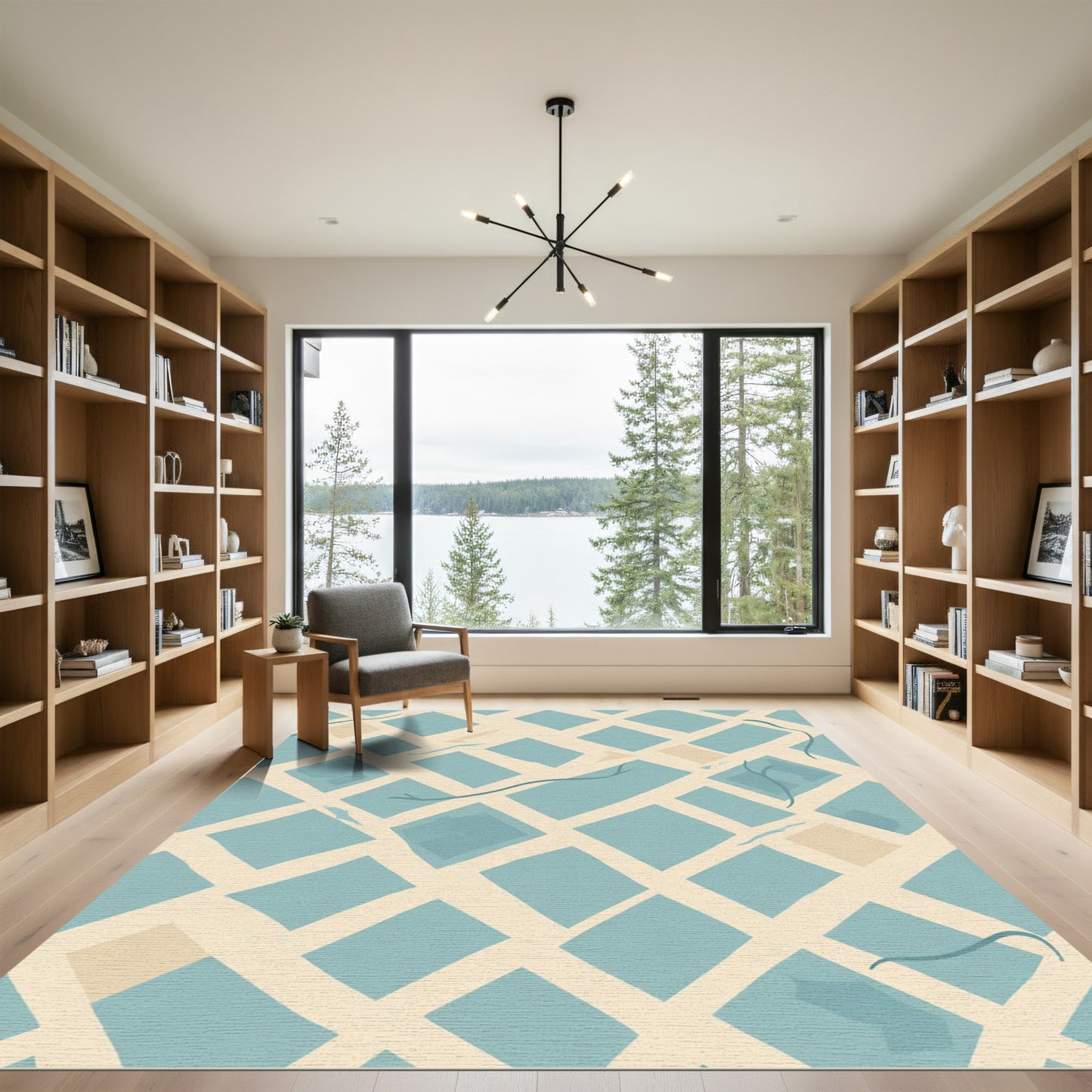 Cream Blue Irregular Diamond Grid Rug