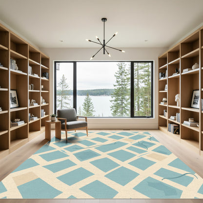 Cream Blue Irregular Diamond Grid Rug