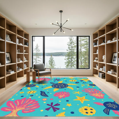 Aqua Coral Turtle Starfish Medley Rug