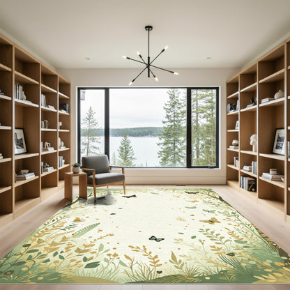 Whimsical Butterfly Meadow Botanical Scene Rug