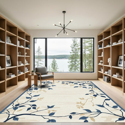 Navy Blue Branch Leaf Botanical Scene Rug