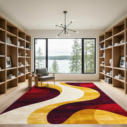 Abstract Gold Waves Red Circles Rug