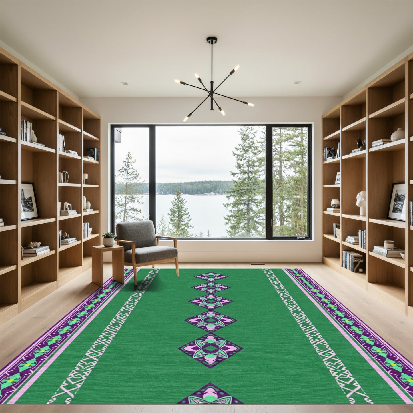 Emerald Green Purple Diamond Border Medallion Rug