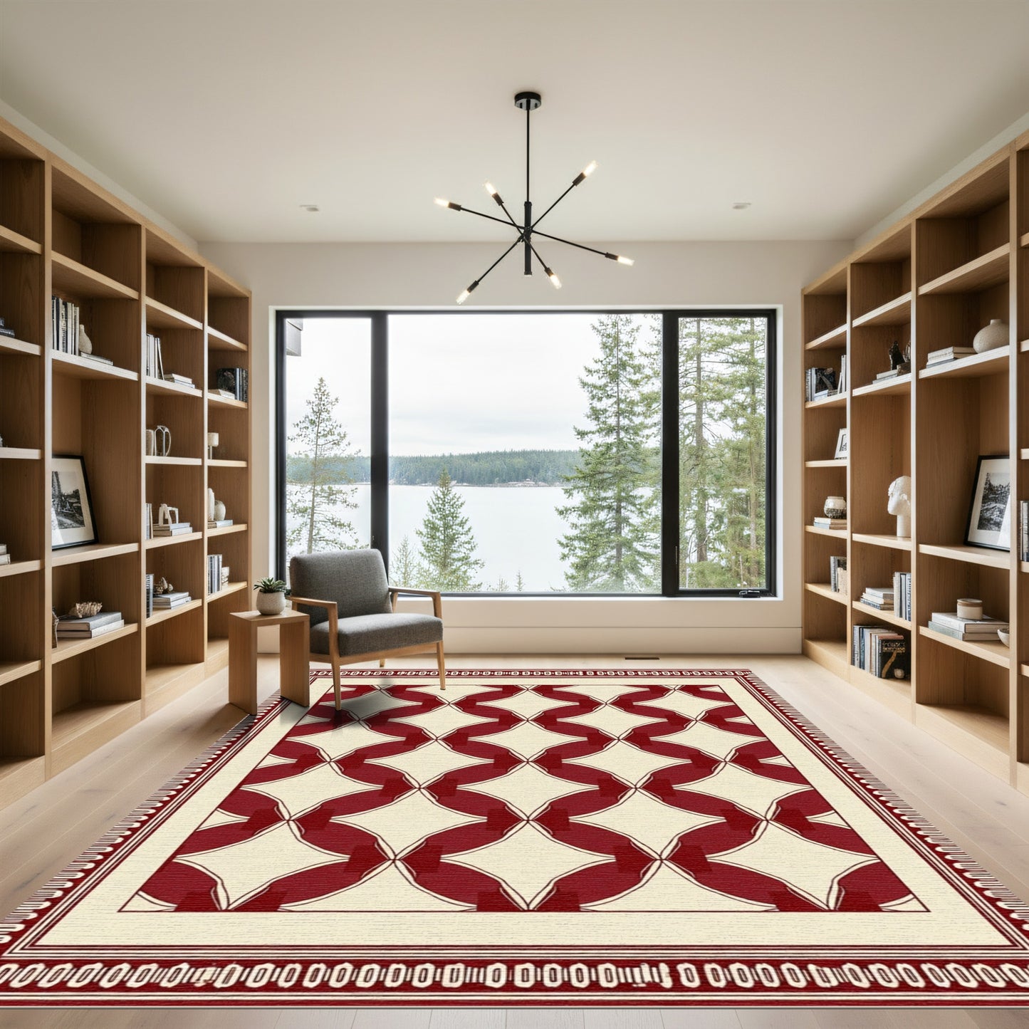 Crimson Cream Geometric Lattice Rug