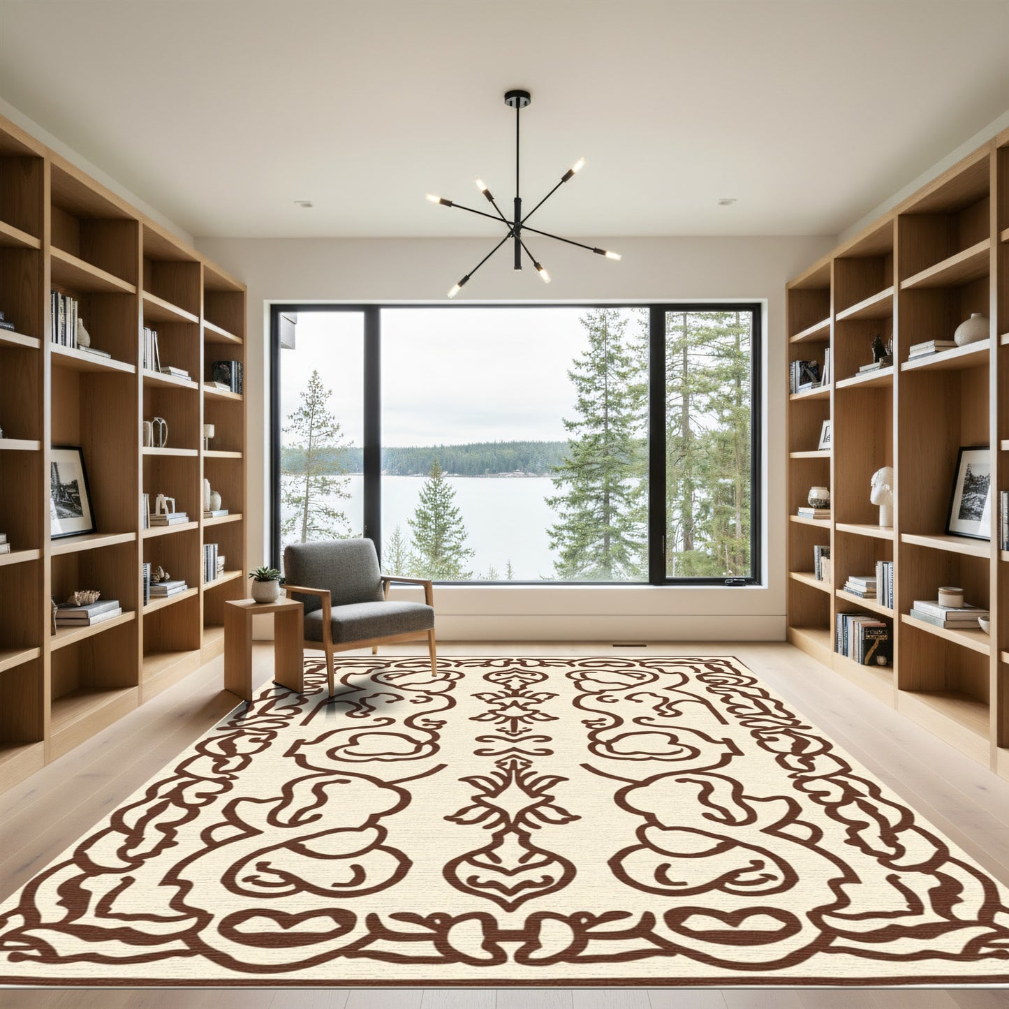 Cream Brown Stylized Floral Cartouche Rug