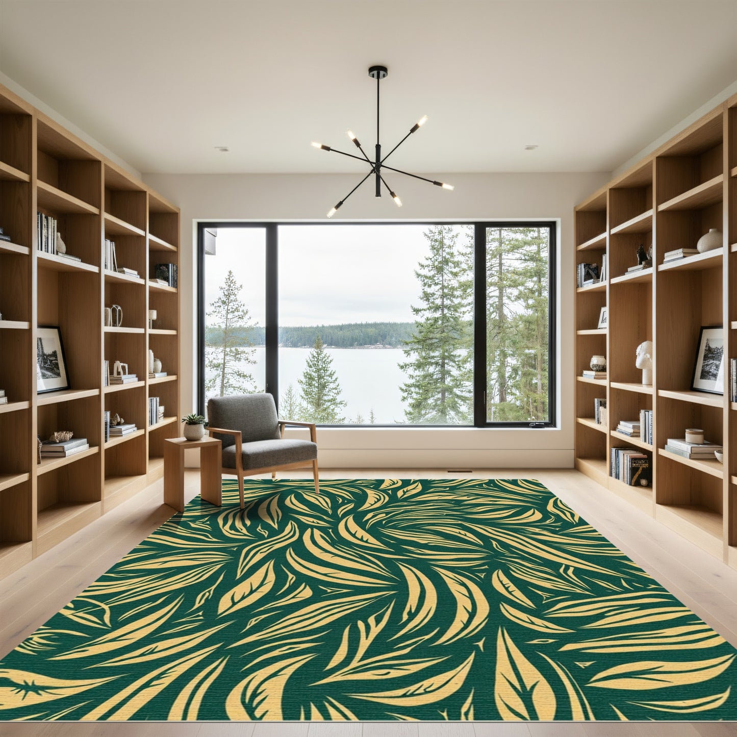 Deep Teal Golden Swirling Leaf Rug