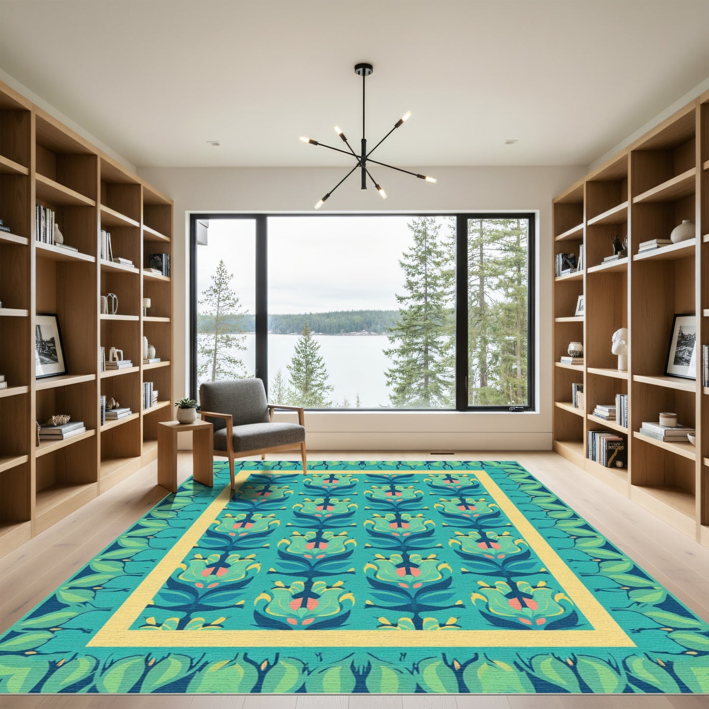 Teal Teal Floral Medallion Border Rug