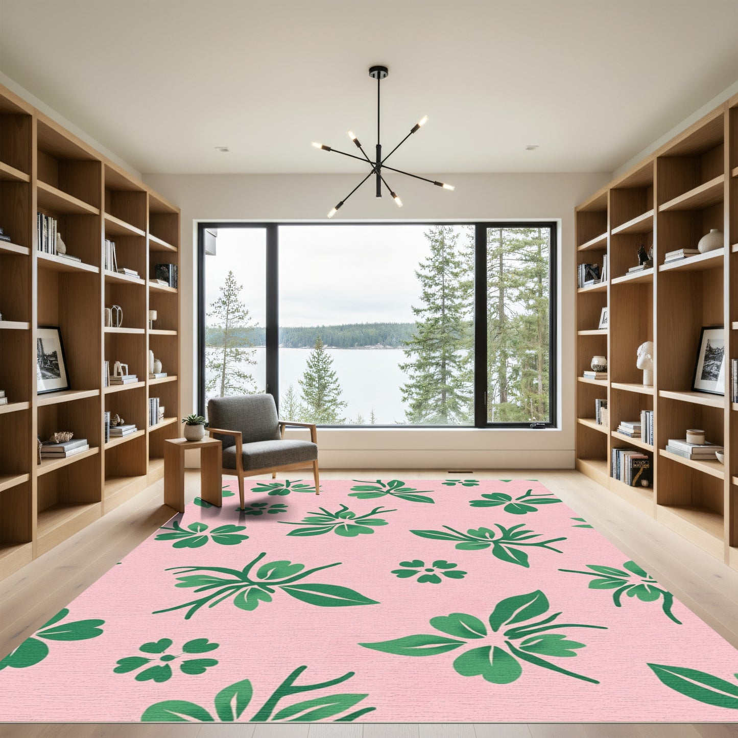 Whimsical Green Clover Floral Pink Rug