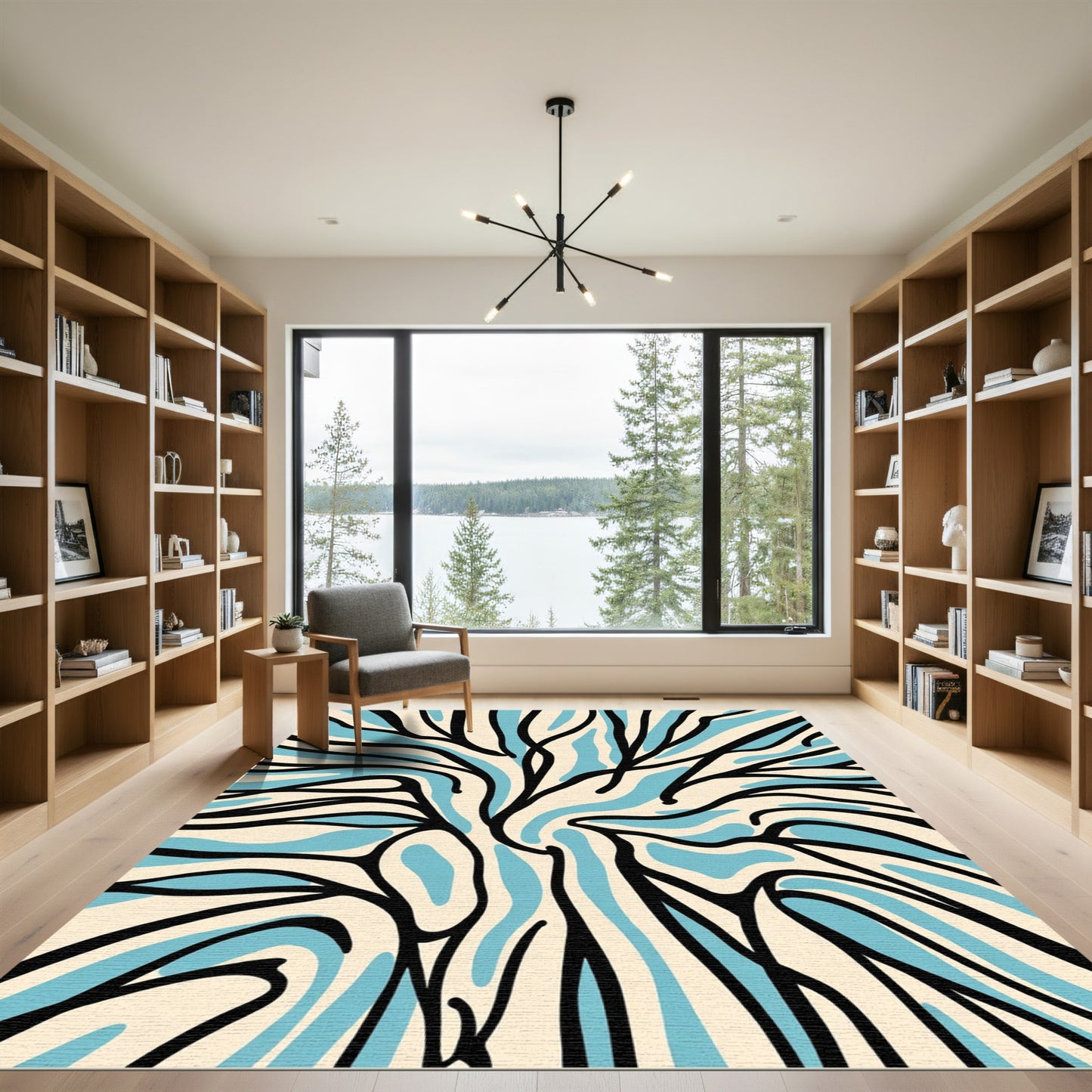 Cream Blue Black Abstract Swirl Rug