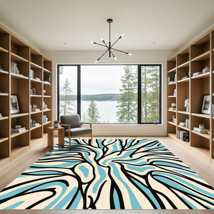 Cream Blue Black Abstract Swirl Rug